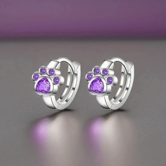 Paw Print Zircon Hoop Earrings Purple & Blue Bundle - Picture 2 of 7